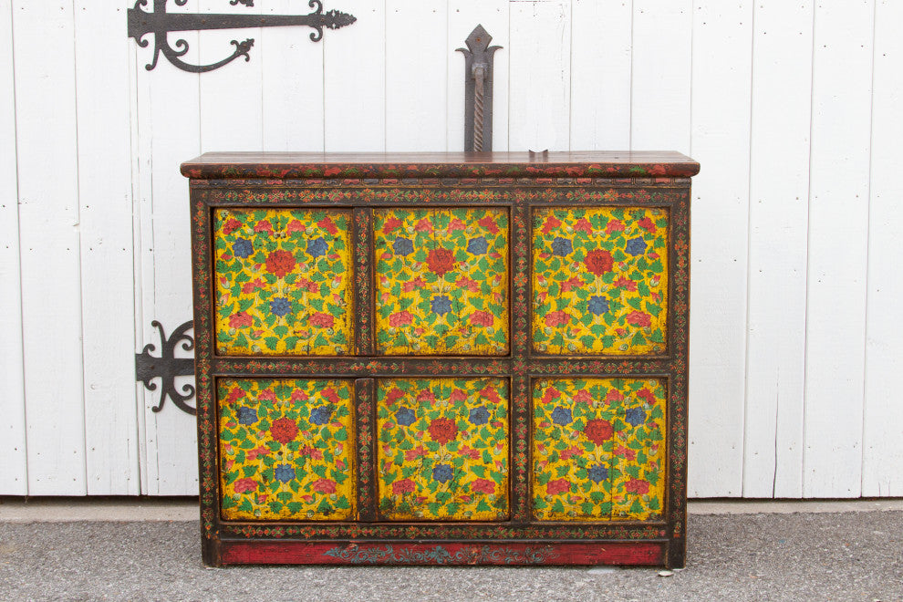 Antique Painted Floral Tibetan Cabinet