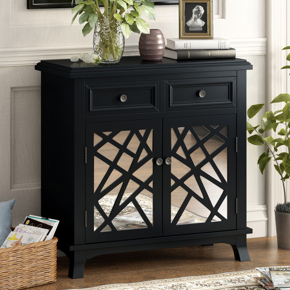 Wood Double Door Accent Cabinet with 2 Drawers, Black, 30'' X 14''
