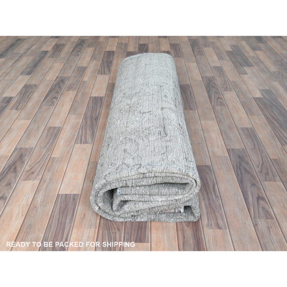 Stone Gray Worn Wool Hand Knotted Semi Antique Persian Tabriz Rug, 9'3"x12'0"