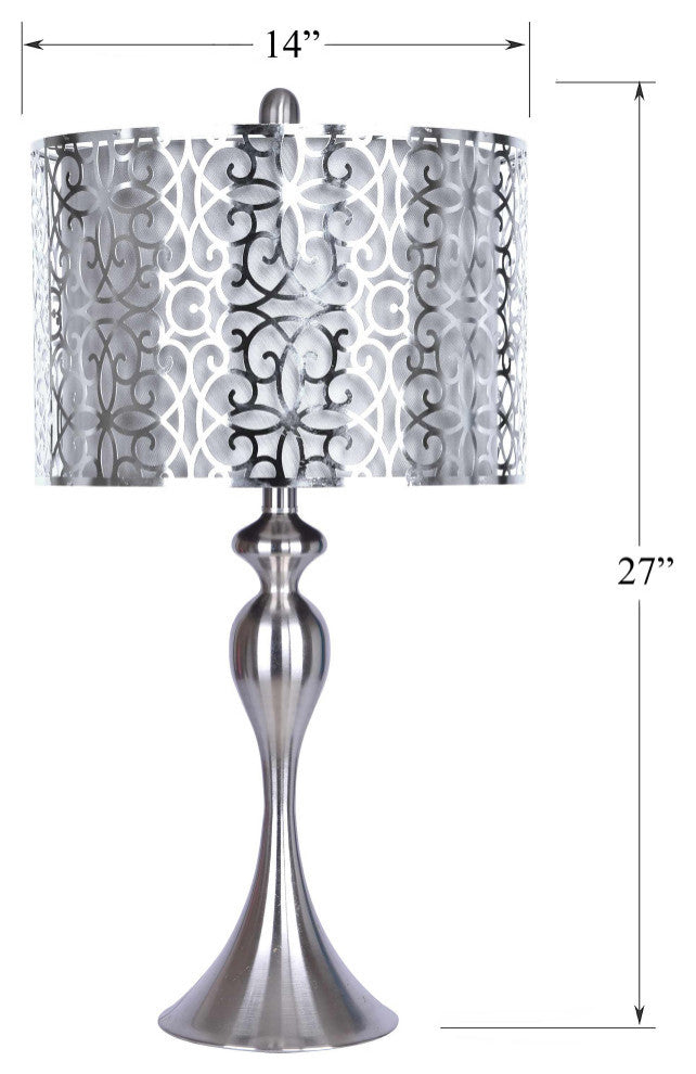 27" Brushed Nickel Table Lamp, Sleek Curvy Body, Brushed Nickel Shades, Set of 2