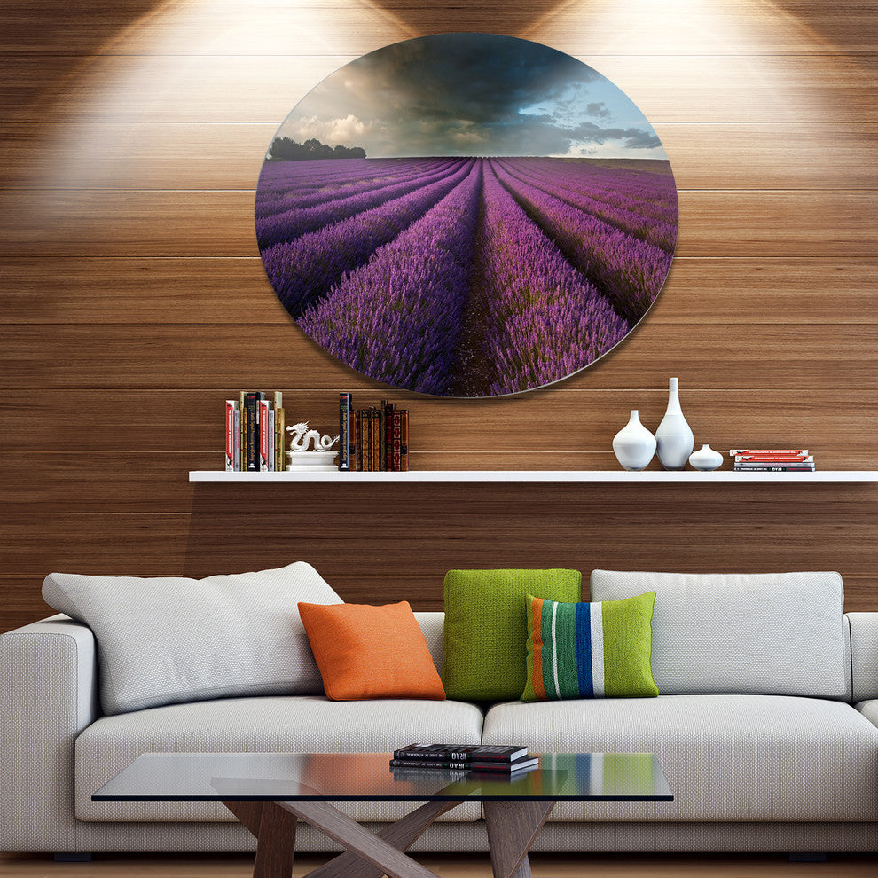 Lavender Field And Dramatic Sky, Floral Round Metal Wall Art, 36"