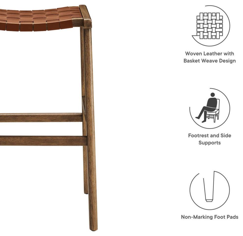 Saoirse Faux Leather Wood Bar Stool, Set of 2, Walnut Brown