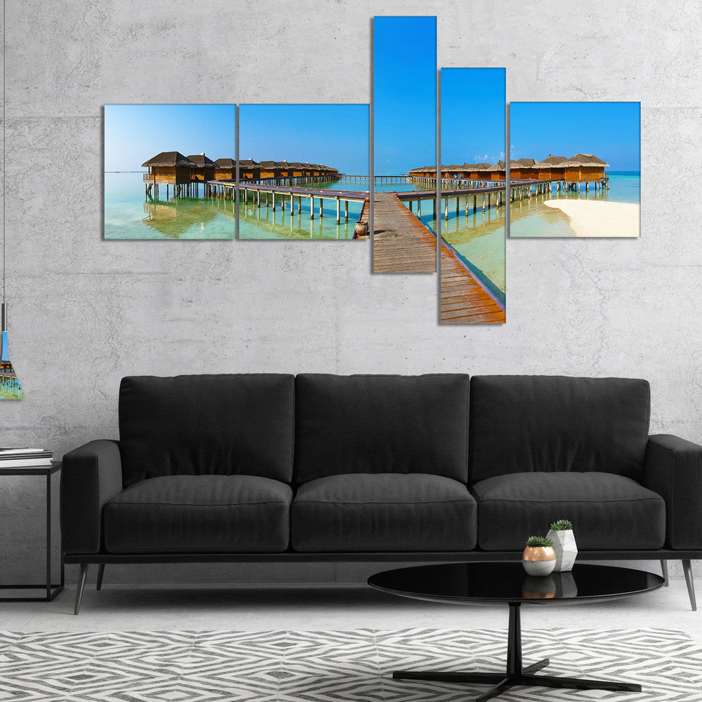 Bungalows in Maldives Island, Landscape Photo Canvas Print, 60"x32", 5 panels