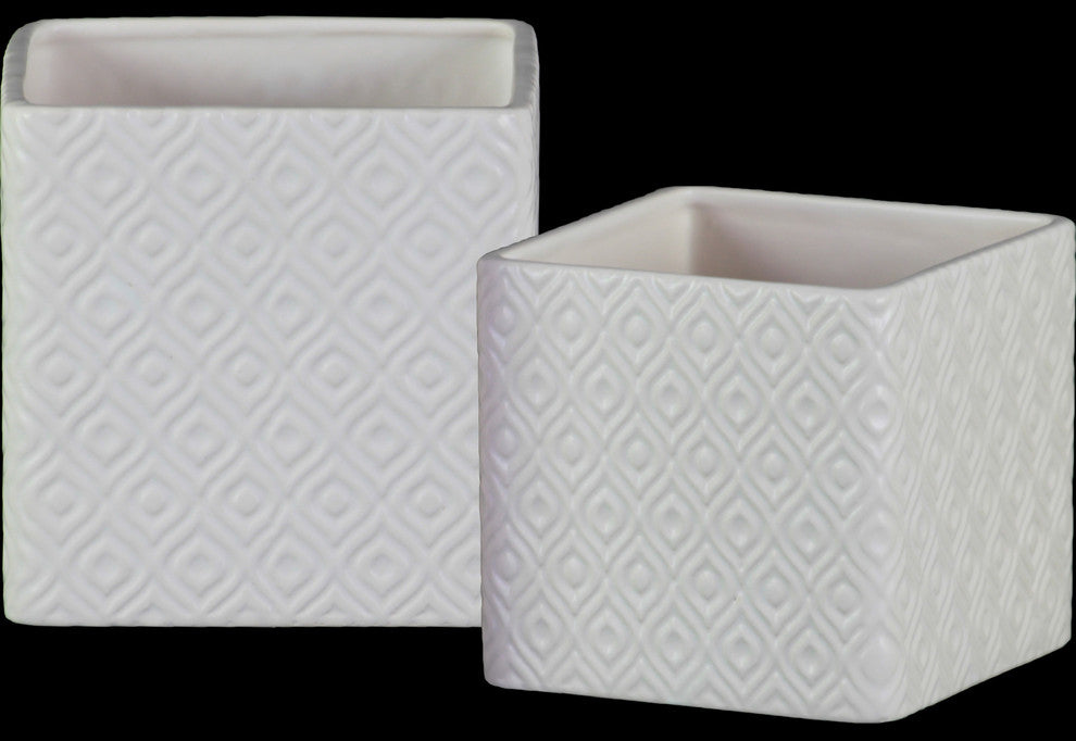 2-Piece Ceramic Square Pot Set, Embossed Diamond Design Body, White