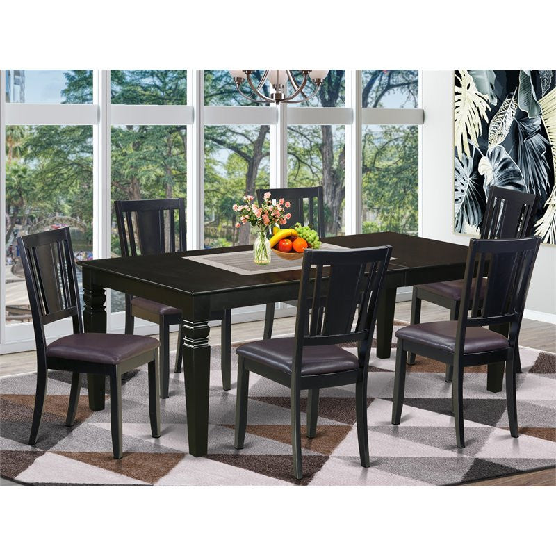 7-Piece Dining Room Set With Dining Table and 6 Leather Kitchen Chairs, Black