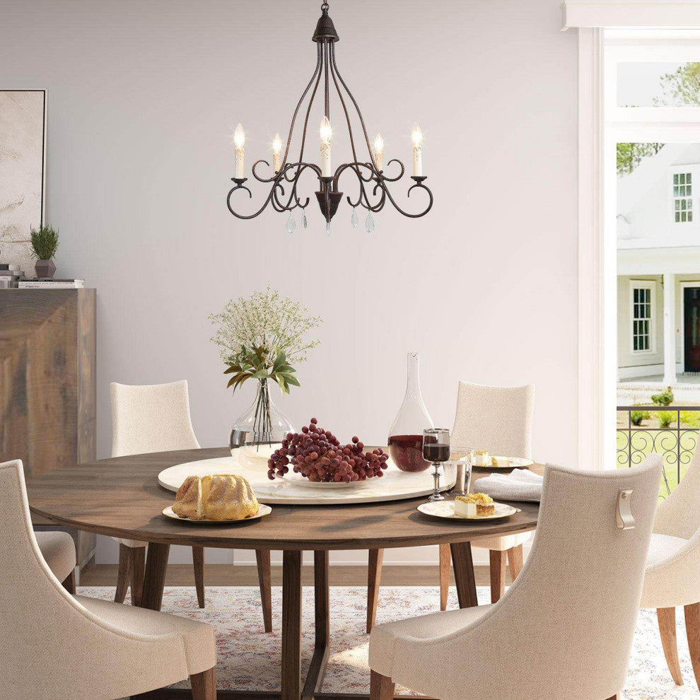 5-Light Transitional Rust Metal, Crystal Drops Chandeliers Lighting