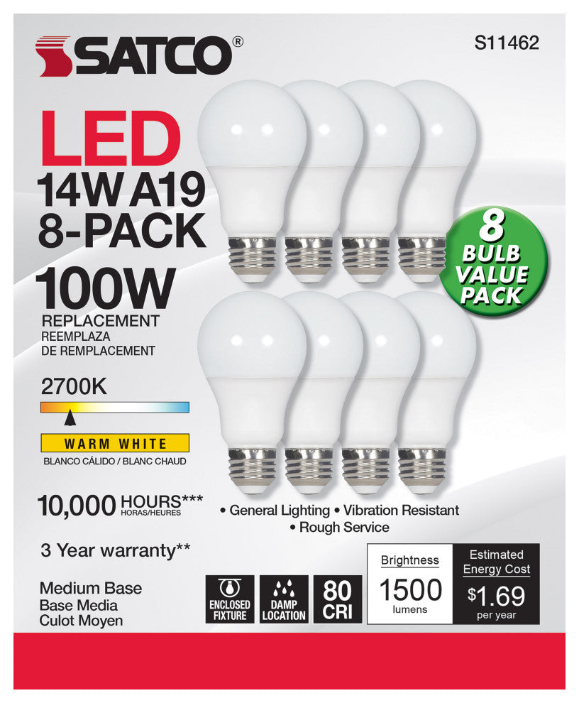14W A19 LED, 2700K, Non-Dimmable, E26, 80 CRI, 8-Pack