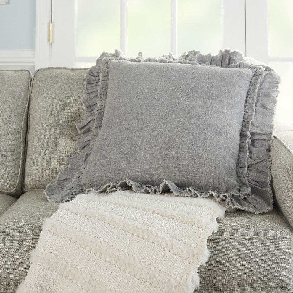 Nourison Home 24"x24" Mina Victory Sofia Linen Frilled Border Gray Pillows
