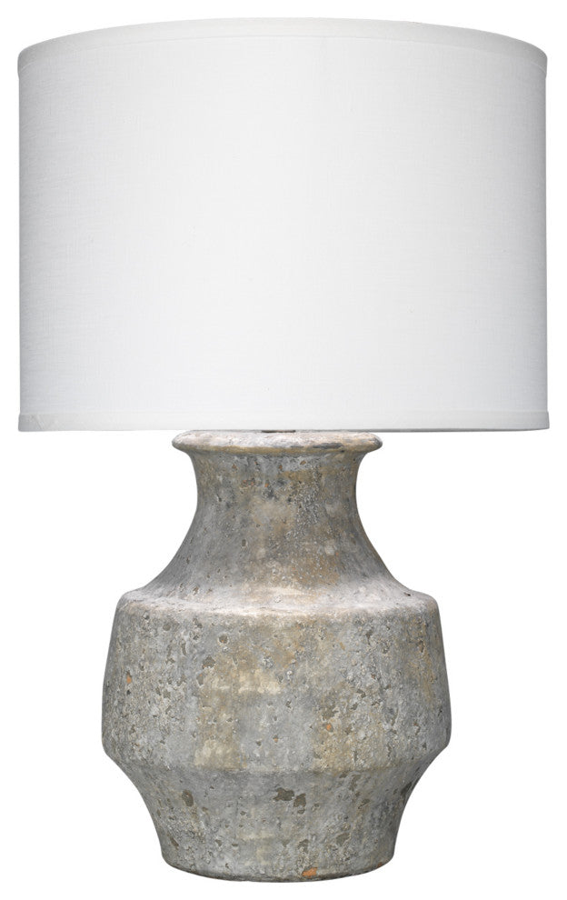 Masonry Table Lamp, Grey Ceramic With Classic Drum Shade, White Linen