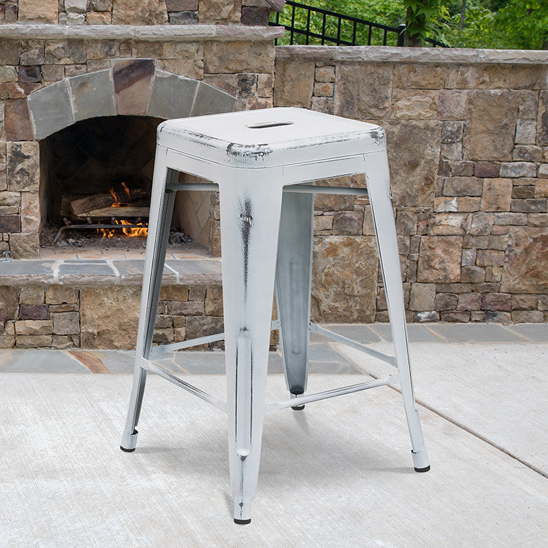 Distressed White Metal Stool