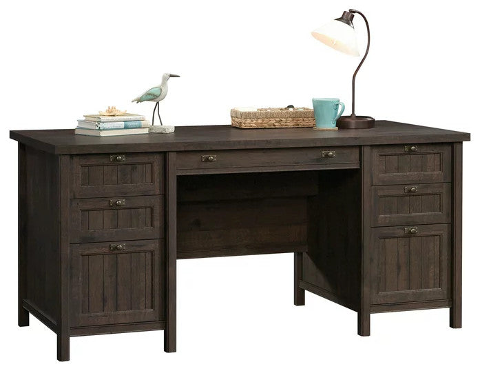 Cottage Desk, Drawers With Grooved Pulls & Metal Pull Handles, Coffee Oak
