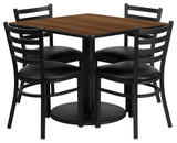36" Square Natural Laminate Table Set With 4 Ladder Back Chairs, Black Seat