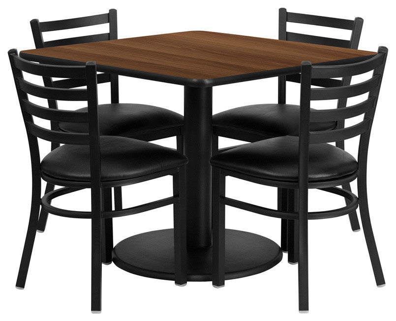 36" Square Natural Laminate Table Set With 4 Ladder Back Chairs, Black Seat