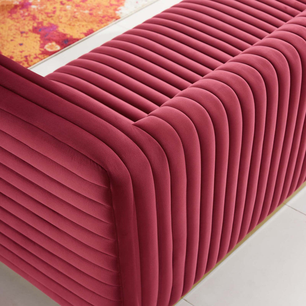 Tufted Sofa, Velvet, Red, Modern, Living Lounge Room Hotel Lobby Hospitality