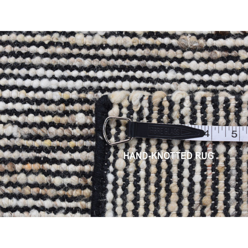 Ivory With Black 100% Wool Hand Loomed Modern Fragment Rug 1'10"x2'1"