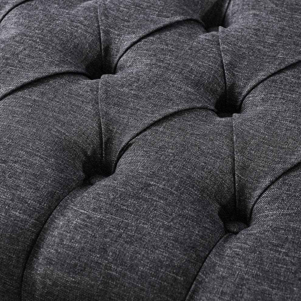 Paola Linen Button Tufted Silver Nailhead Trim X-Leg Ottoman, Dark Gray