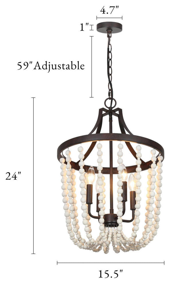 LNC 4-Lights Bohemian Rustic Bronze and Coastal Distressed Wood Beads Chandelier