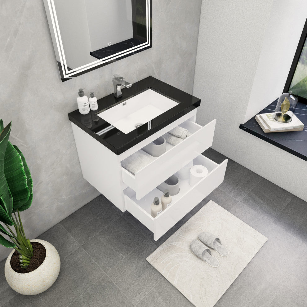 Belli 30" Wall Mounted Single Bathroom Vanity Set, Glossy White, Matt Black Top