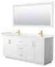 72"DBL Vanity White, Light-Vein Carrara Cult. Top, Sinks, Gold Trim, 70"Mirror