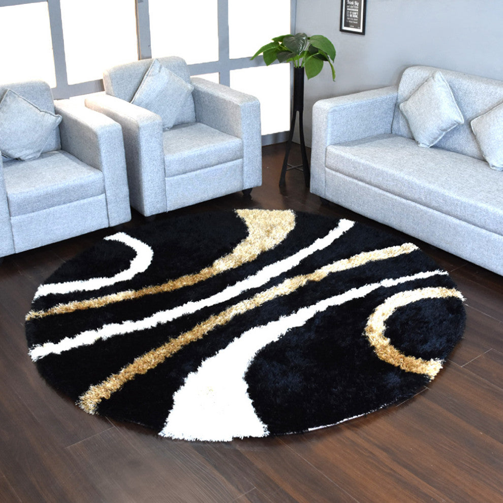 Hand Tufted Shag Polyester Area Rug Geometric Black, [Round] 6'x6'