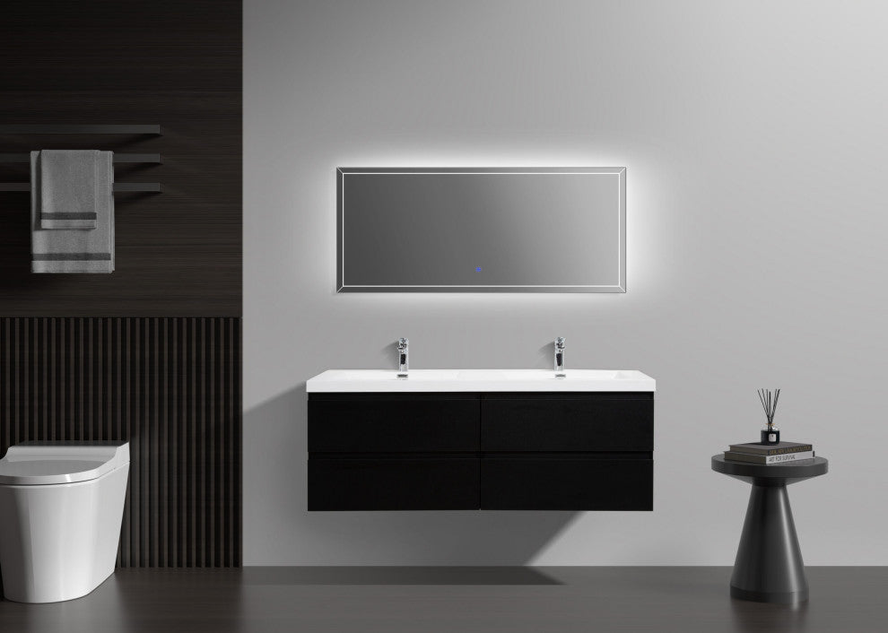 Aurora Wall Mount Vanity, White Acrylic Top, Matte Midnight Black, 60" Double