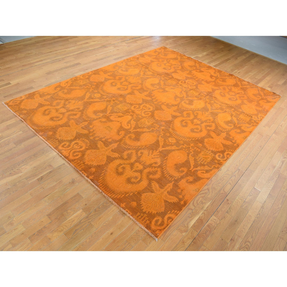 Hand Knotted Pure Wool, Orange Cast Overdyed Ikat Oriental Rug, 9'1"x12'3"