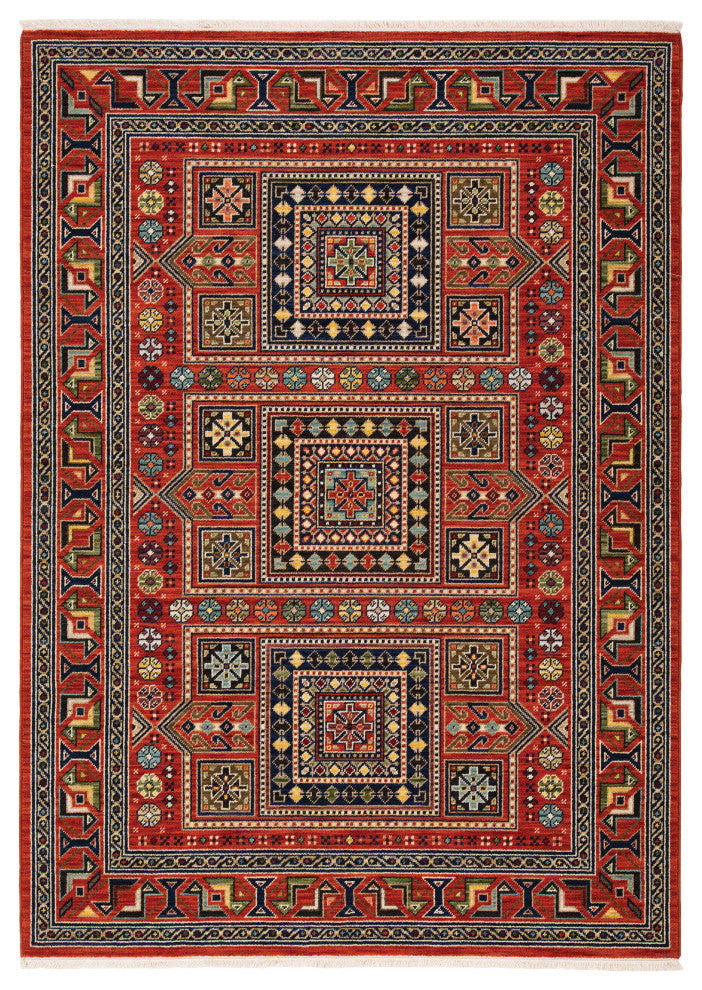 Lizbeth Aztec Border Red/Multi Wool Blend Fringed Area Rug, 2'X3'