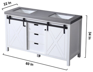 Marsyas 60" White Double Vanity, Gray Quartz Top, White Sinks, No Mirror