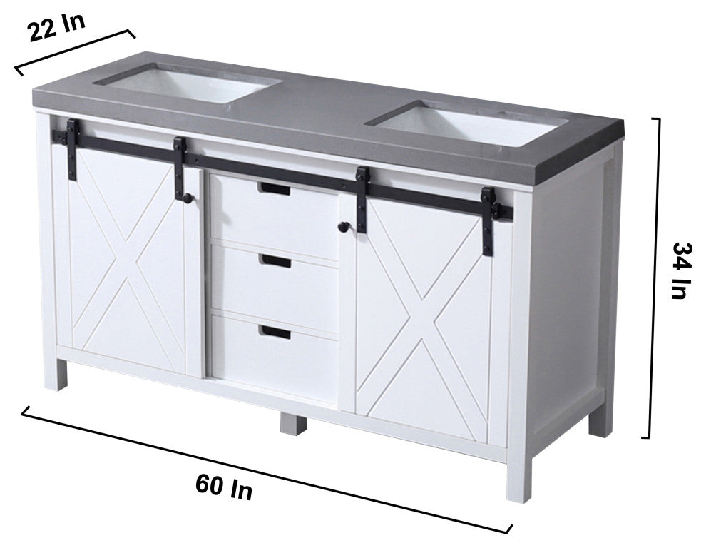 Marsyas 60" White Double Vanity, Gray Quartz Top, White Sinks, No Mirror