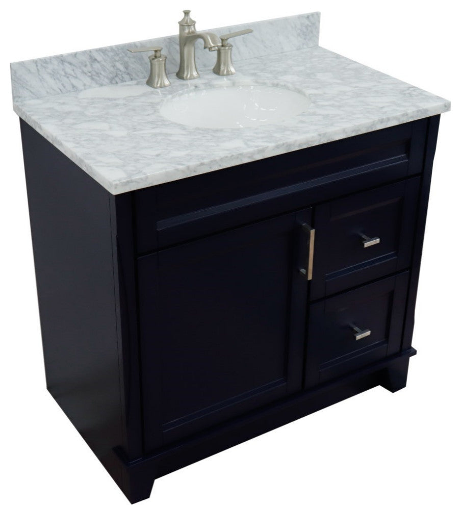 37" Single Sink Vanity, Blue Finish With White Carrara Marble