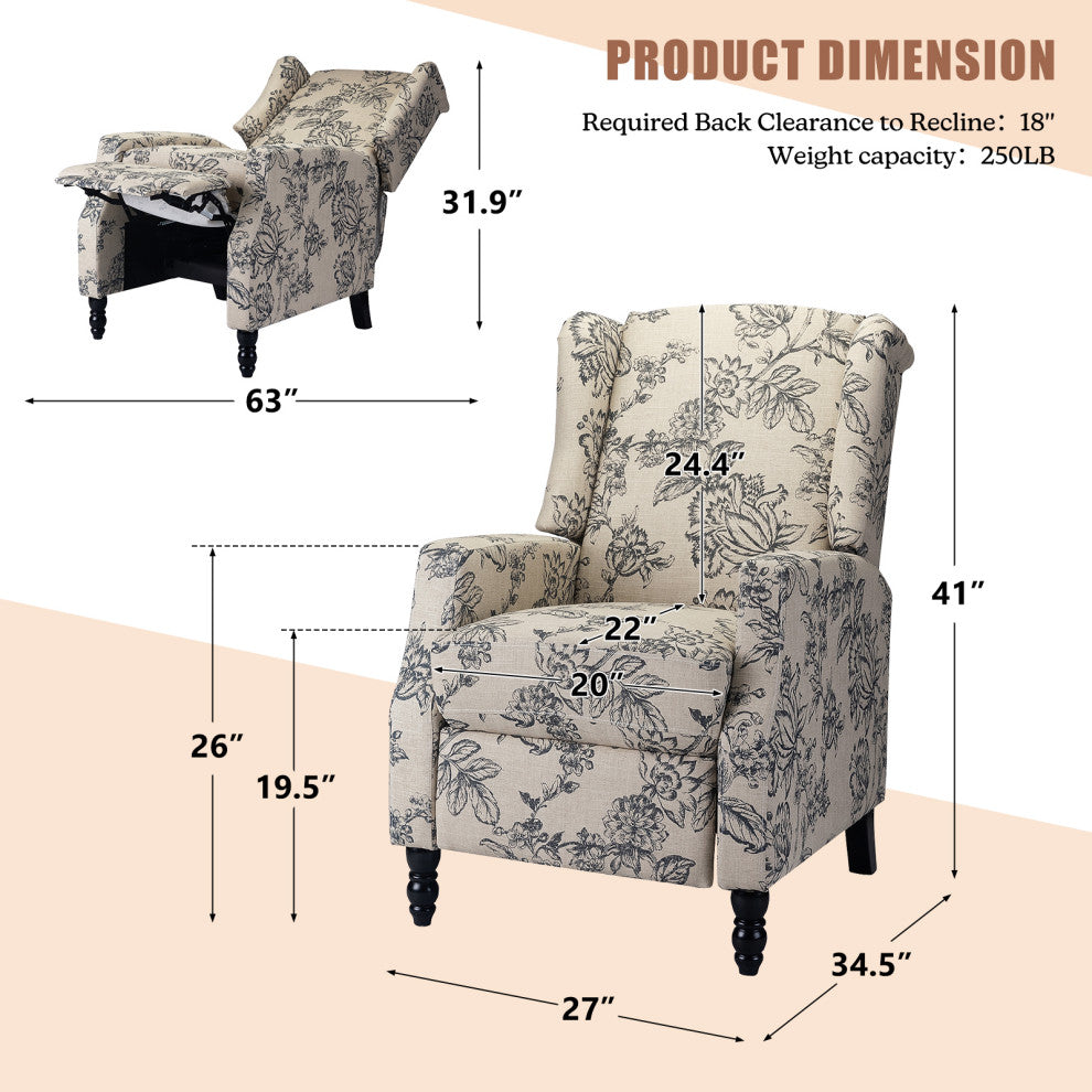 Upholstered Manual Recliner With Wingback, Indigo