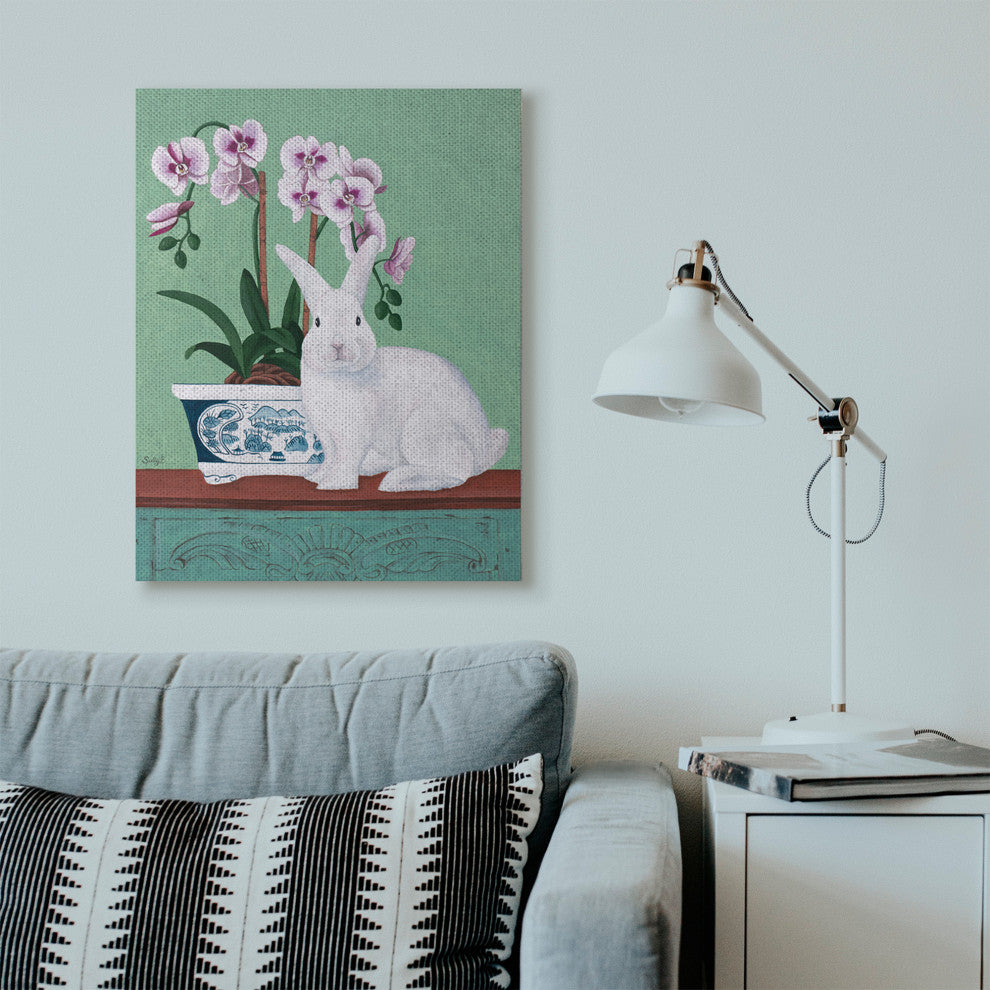 Rabbit and Flowers Pink Green Animal Painting, 30"x40"