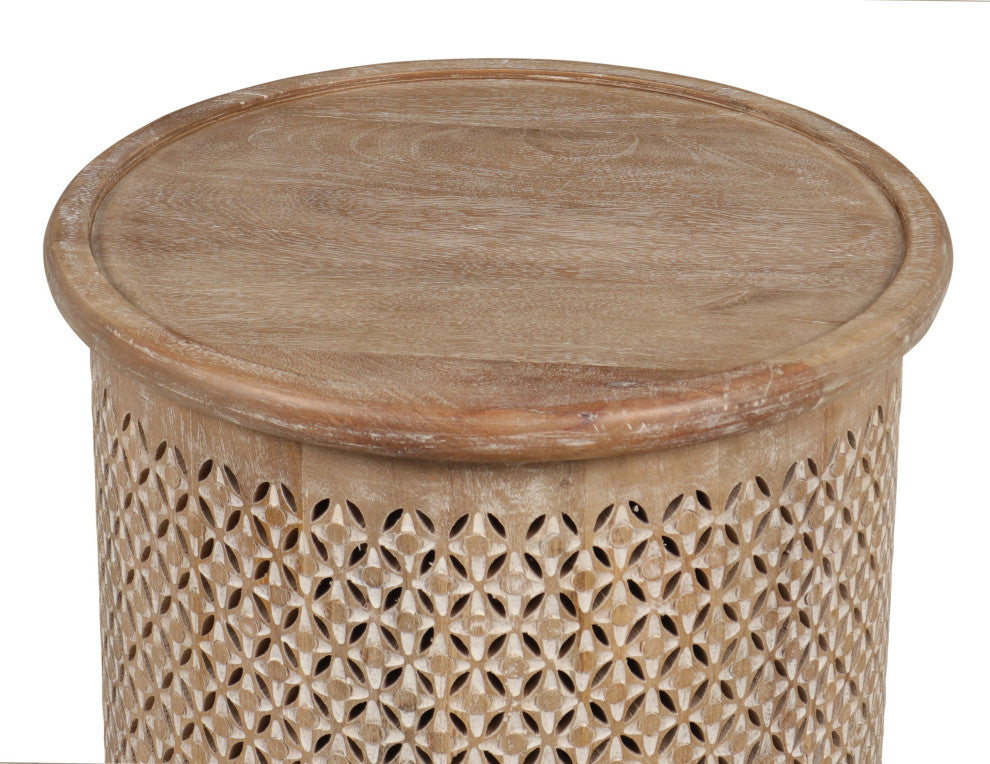 Sumter 17"Diameter Mango Wood Drum Side Table, Brown/White