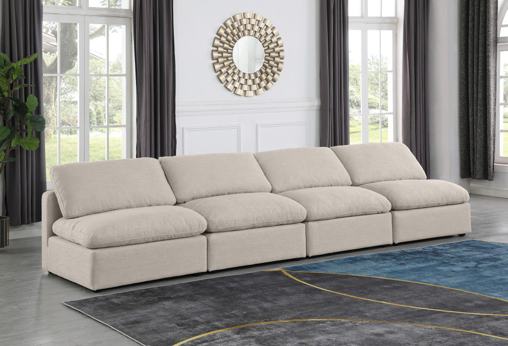Indulge Upholstered Modular Sofa, Beige, 4-Piece: 4 Armless Chair, Down Stuffed Linen Textured Fabric