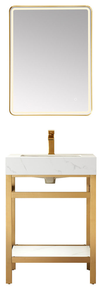 Funes Bath Vanity with Mirror, Brushed Gold Support, 24'', White Stone Top