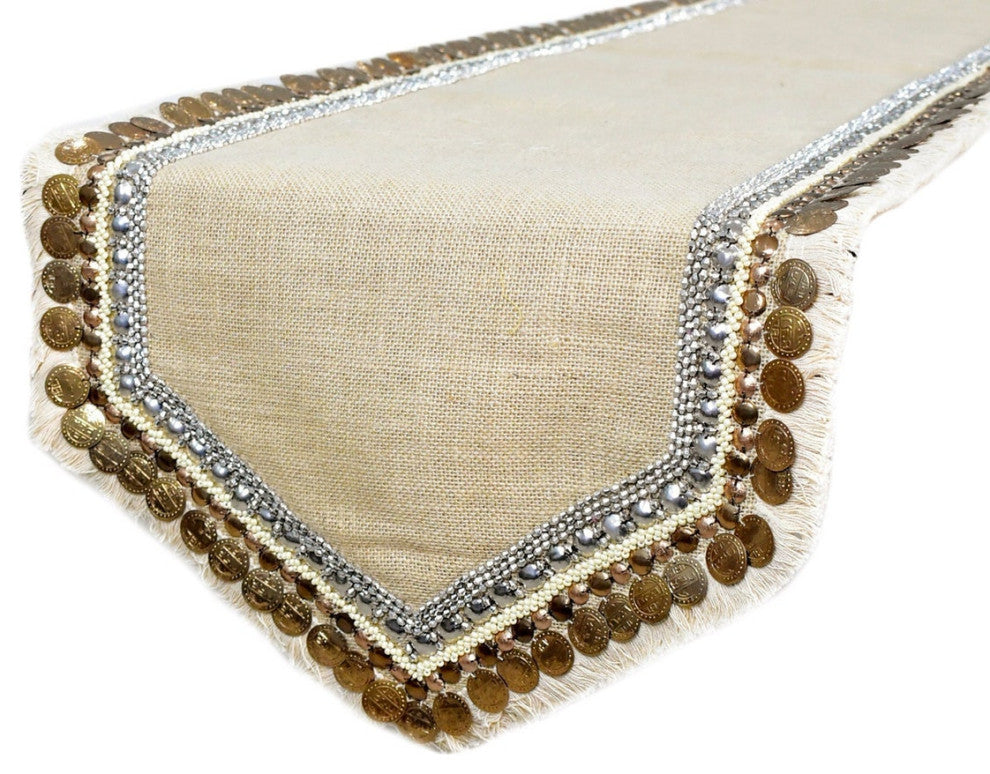Decorative Table Runner Beige Burlap 14"x90", Lace, Bead, Sequins Marima