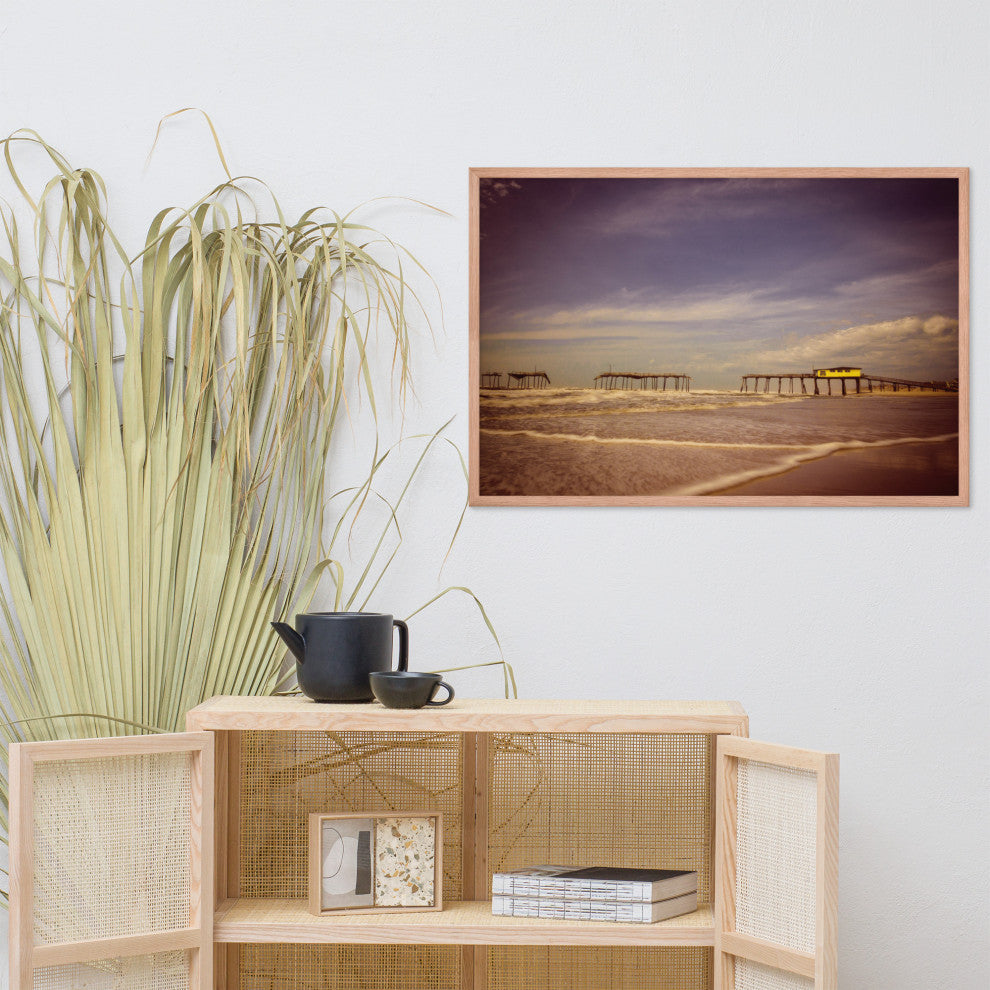 Aged View of Frisco Pier Coastal Framed Photo Paper Print, Red Oak, 24" X 36"