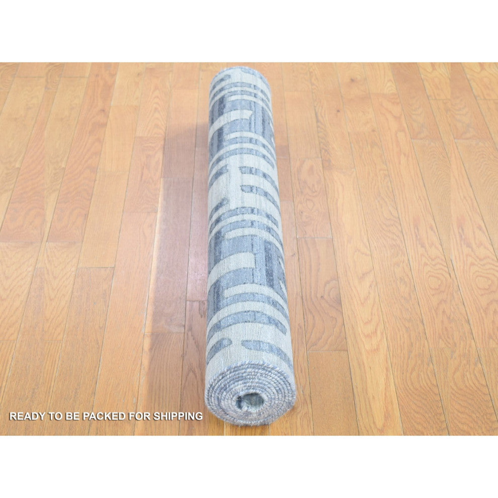 Gray, Zigzag Design, Pure Silk and Textured Wool, Hand Knotted Rug, 4'0" x 10'3"