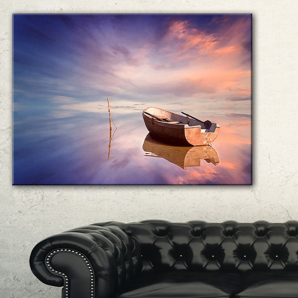 "Lonely Boat in Colorful Sea" Seascape" Painting Canvas Print, 32"x16"