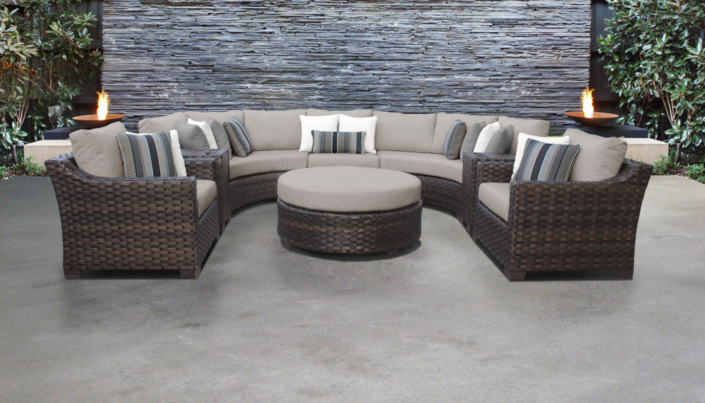 kathy ireland River Brook 8 Piece Wicker Patio Furniture Set, Almond