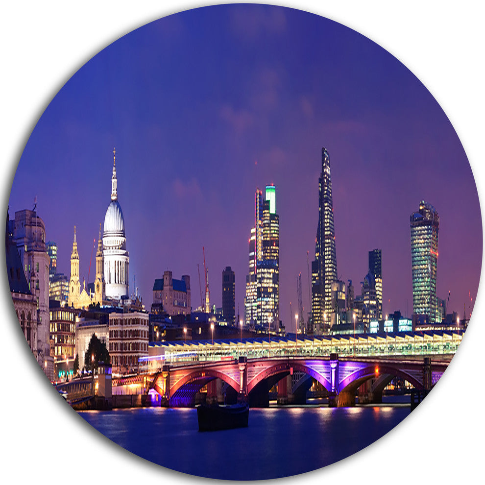 London Night Panorama, Cityscape Photo Large Disc Metal Wall Art, 23"