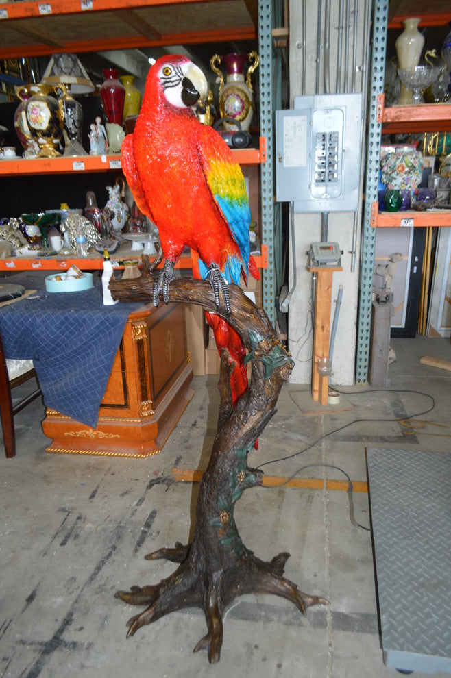 Single Red and Blue Parrot on a tree Bronze Statue -  Size: 30"L x 24"W x 66"H