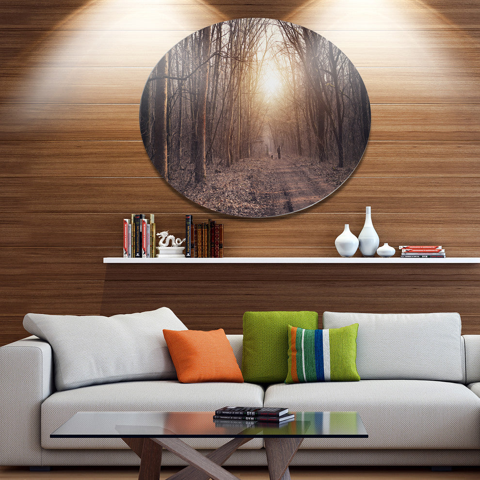 Forest Pathway View At Sunset, Modern Forest Disc Metal Wall Art, 36"
