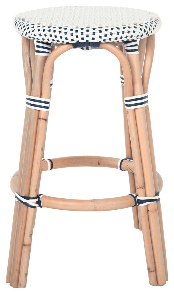 Bistro Backless Rattan Stool, White and Blue, Counter Stool
