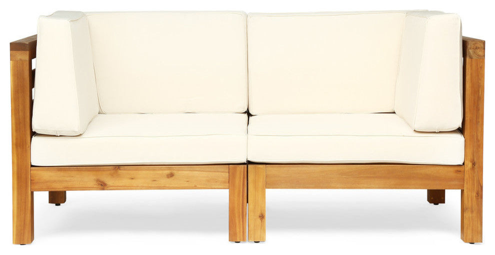 GDF Studio Dawson Outdoor 2-Seater Acacia Wood Sectional Loveseat Set, Beige