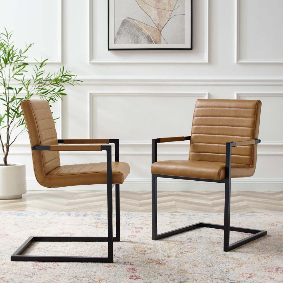 Side Dining Chair, Set of 2, Faux Vegan Leather, Tan, Modern, Bistro Restaurant