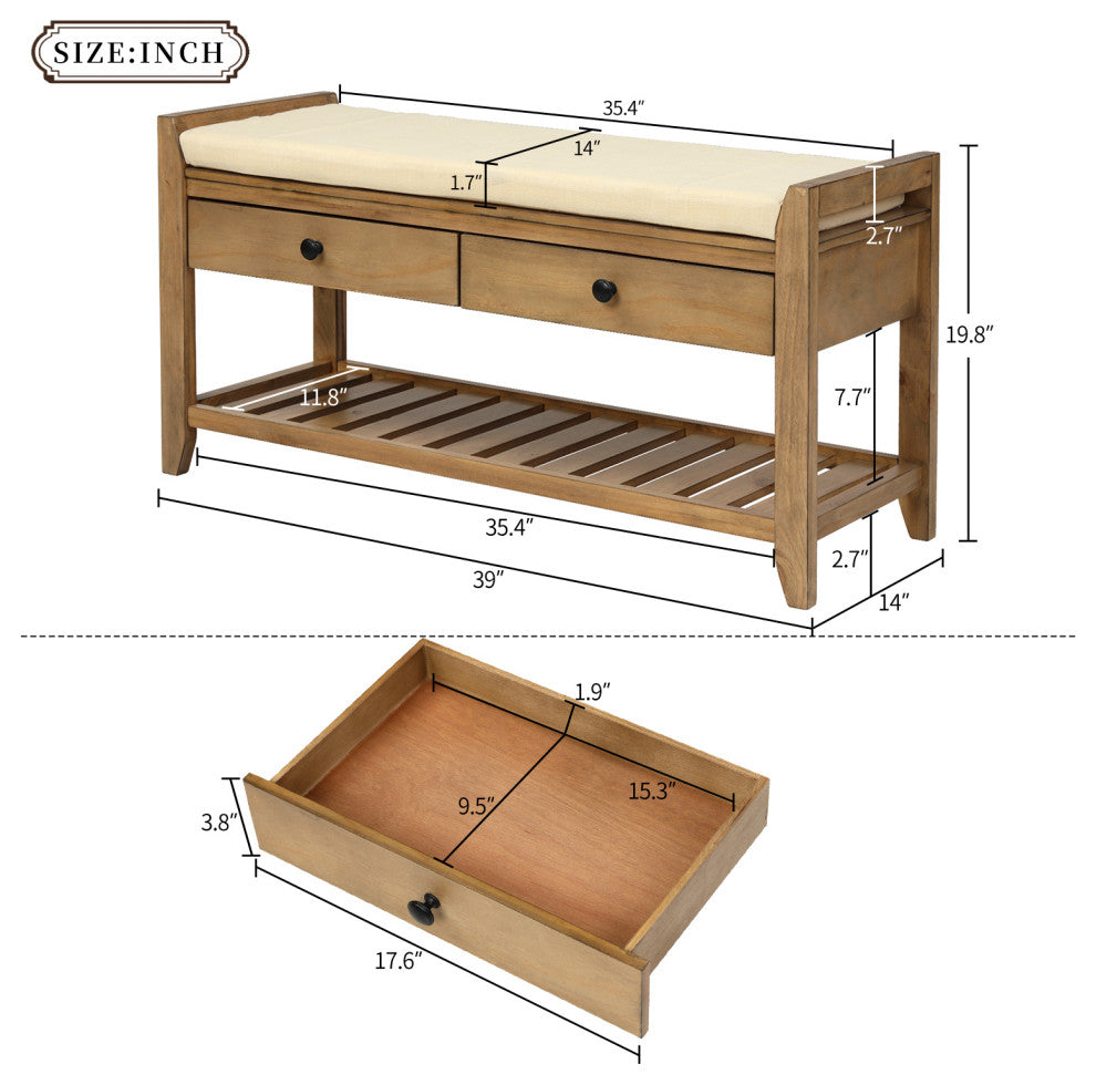 TATEUS 39" Entryway Storage Bench With Shoe Rack and Cushioned Seat, Old Pine