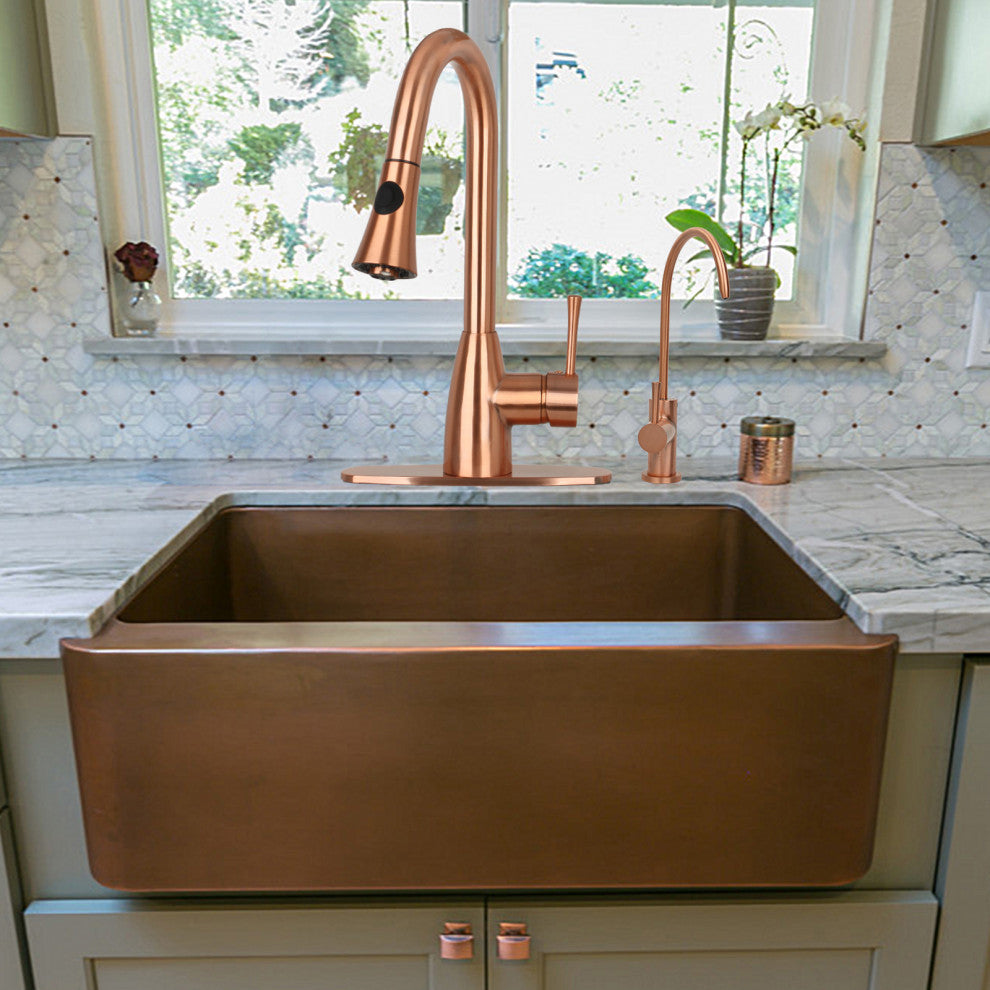 Copper Pull Down Kitchen Faucet, Single Level Solid Brass Kitchen Sink Faucets