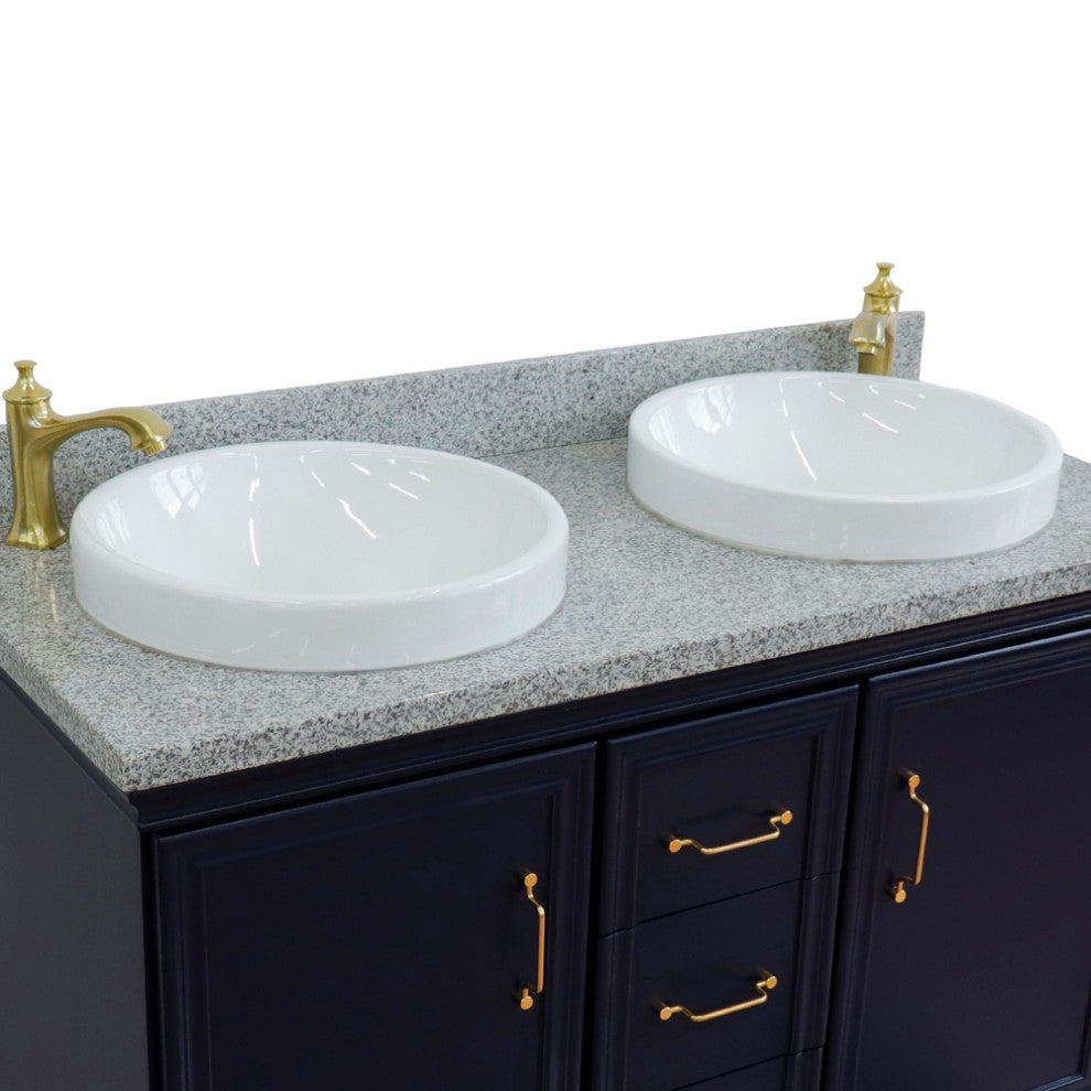 49" Double Vanity, Blue Finish With Gray Granite And Round Sink