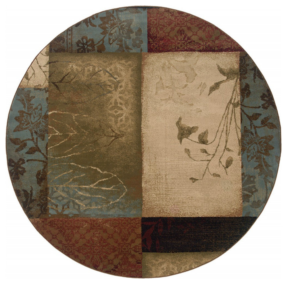 8??Round Beige And Brown Floral Block Pattern Area Rug